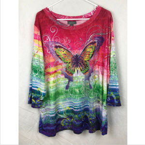 Essentials 3X Pink Blue Butterfly Blouse NEW